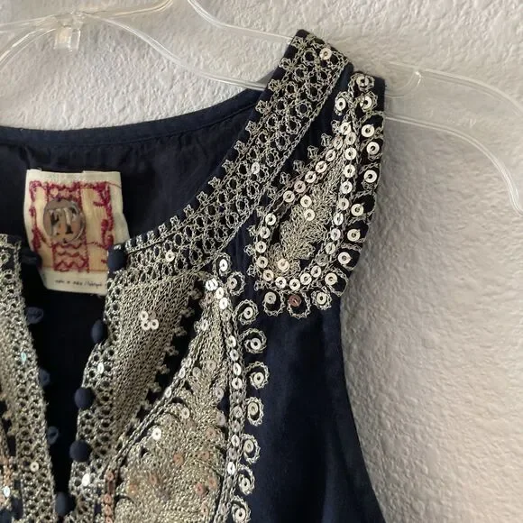 Free People Dress Women's Size 0 Black Gold Shift Sequined Fairy Whimsigoth - Picture 7 of 16